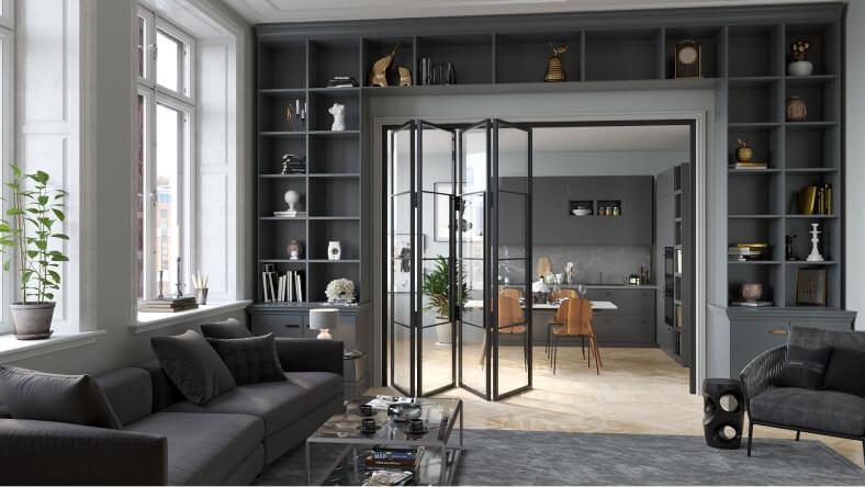 Glass Bifold Doors Integrated Shelving Glass Kitchen Partition