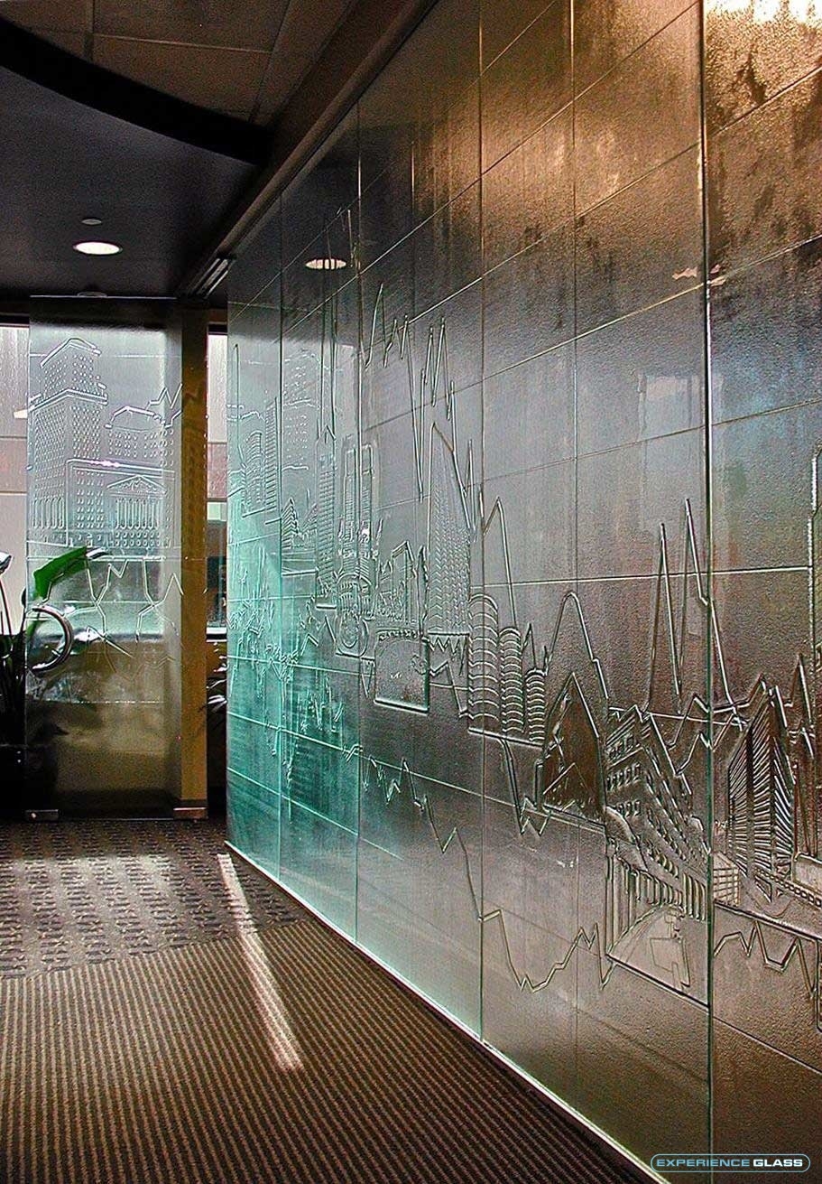 Glass Partition Wall Cast Glass Relief Etched Skyline Room Dividers