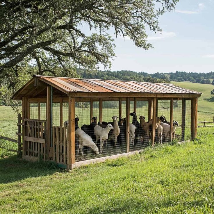Goat Pen Weathered Wood Frame with Pitched Metal Roof Shelter