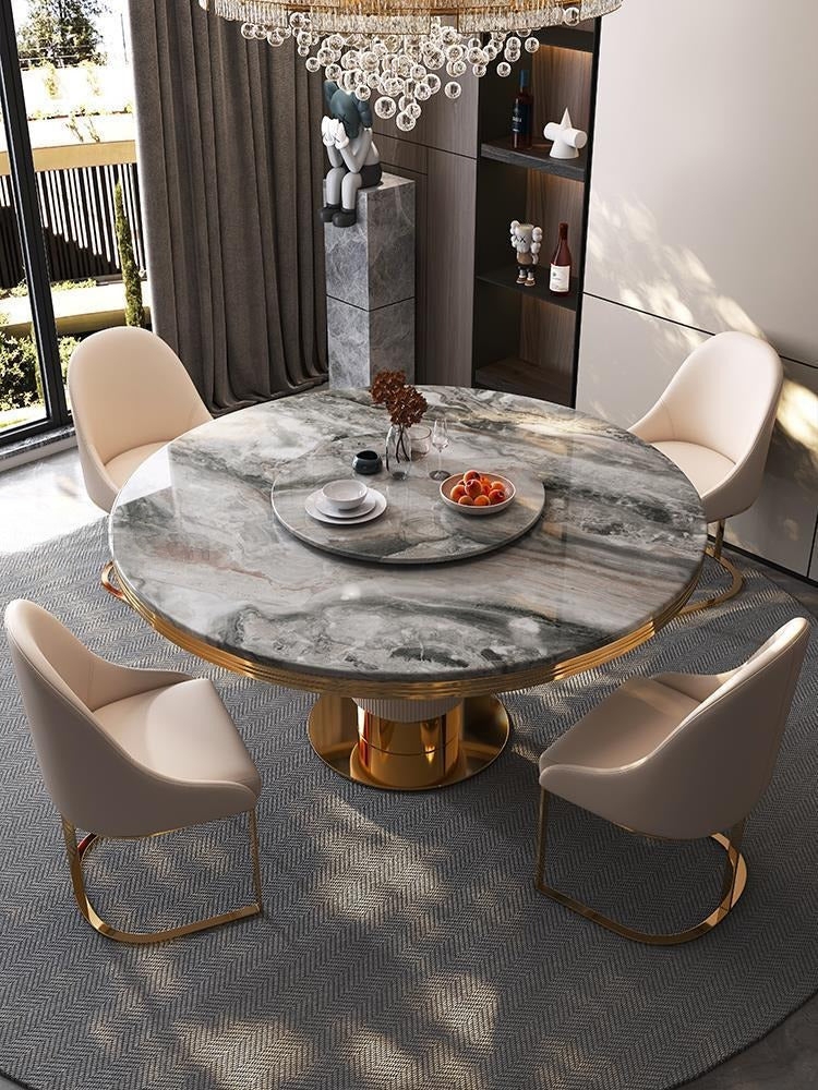 Gold Pedestal Dining Set with Gray Stone Surface and Lazy Susan