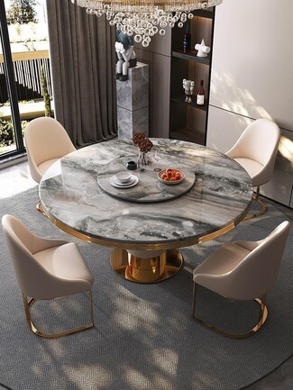 Gold Pedestal Dining Set with Gray Stone Surface and Lazy Susan