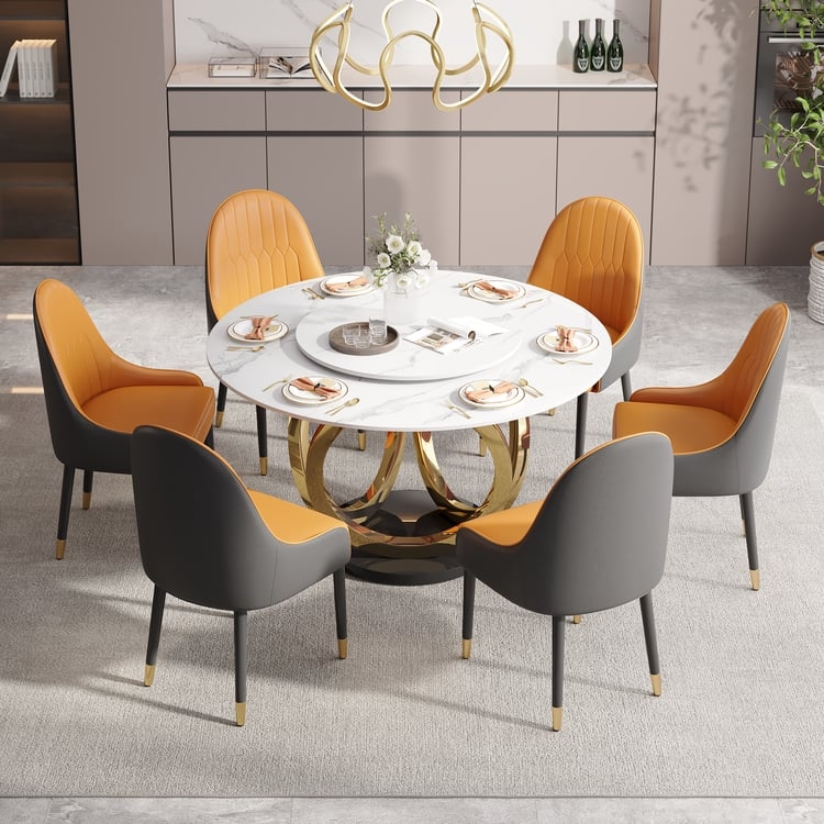 Gold Sculptural Base Dining Table Set with Lazy Susan Feature
