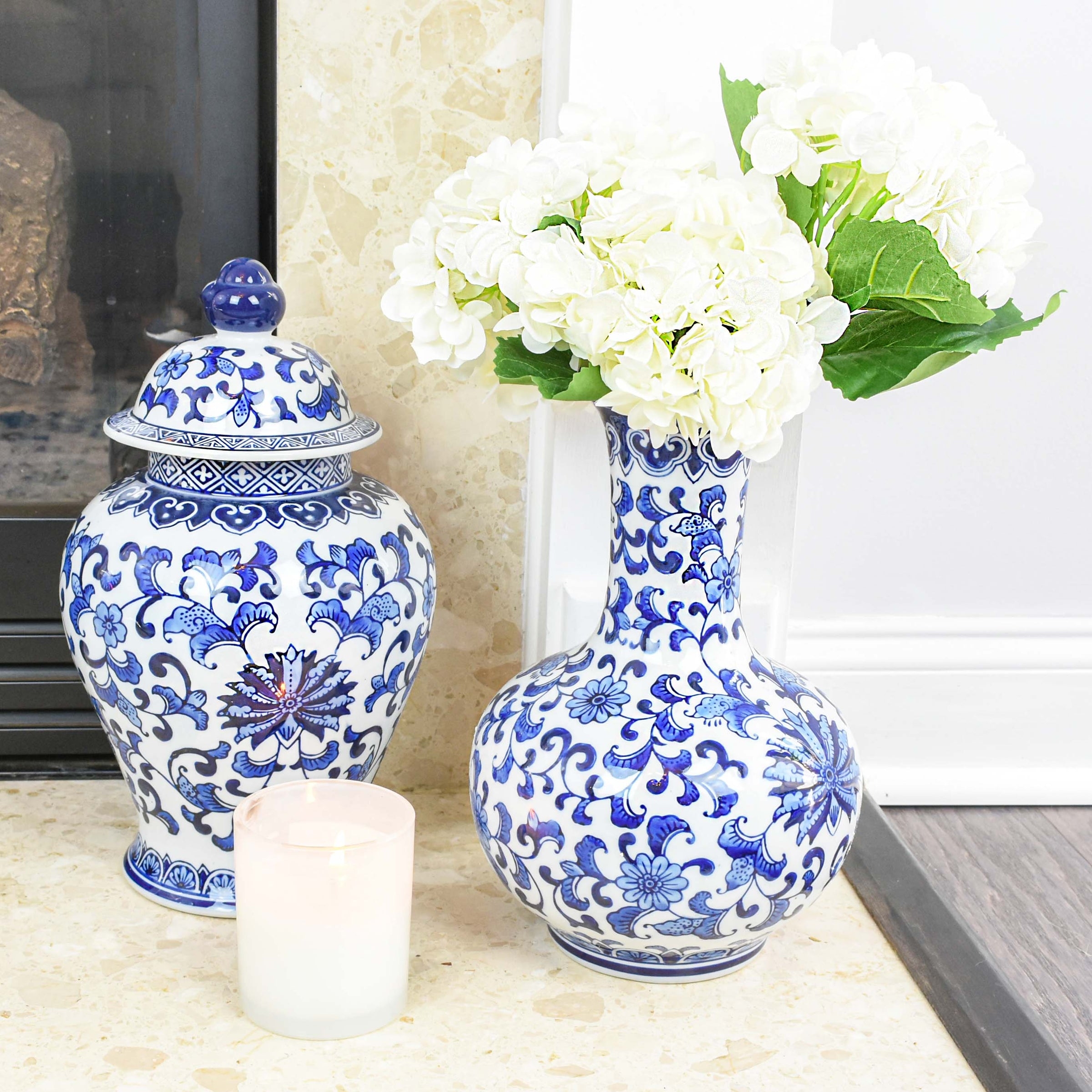 Gourd Vase Slender Neck Fireplace Decor Cobalt Pattern