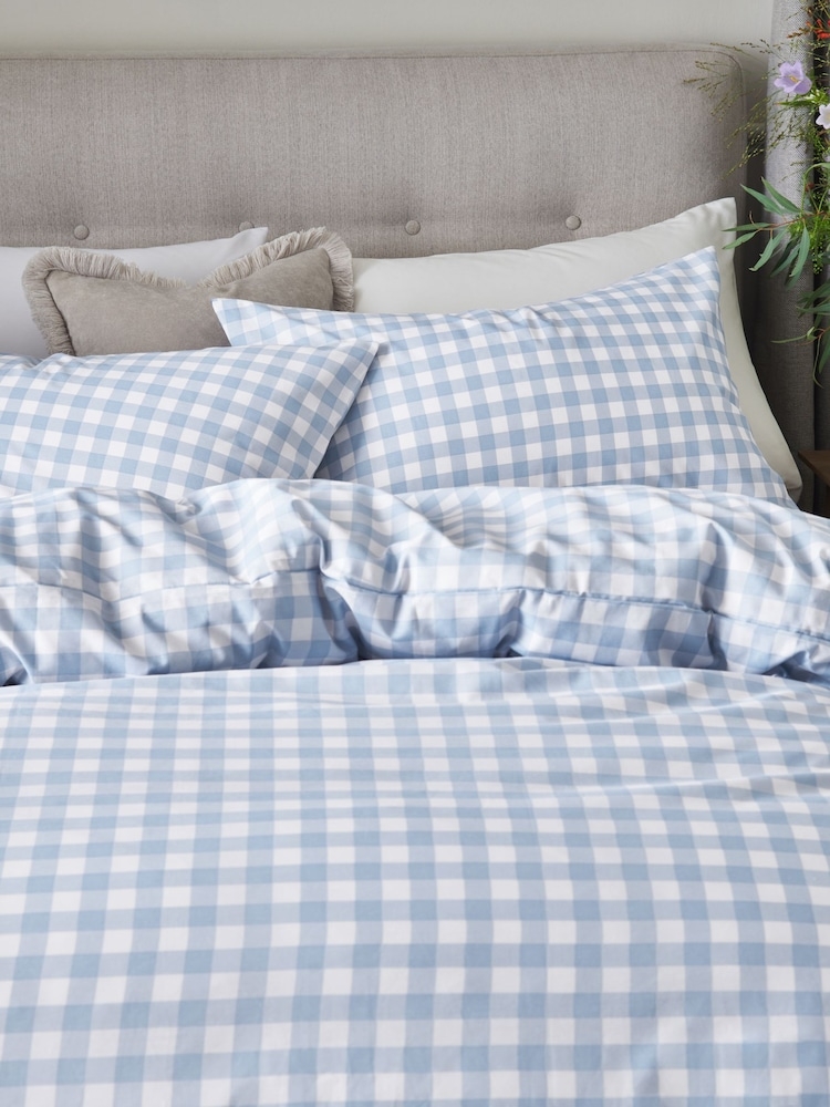 Gray Tufted Headboard Duvet Set | Blue Gingham Print