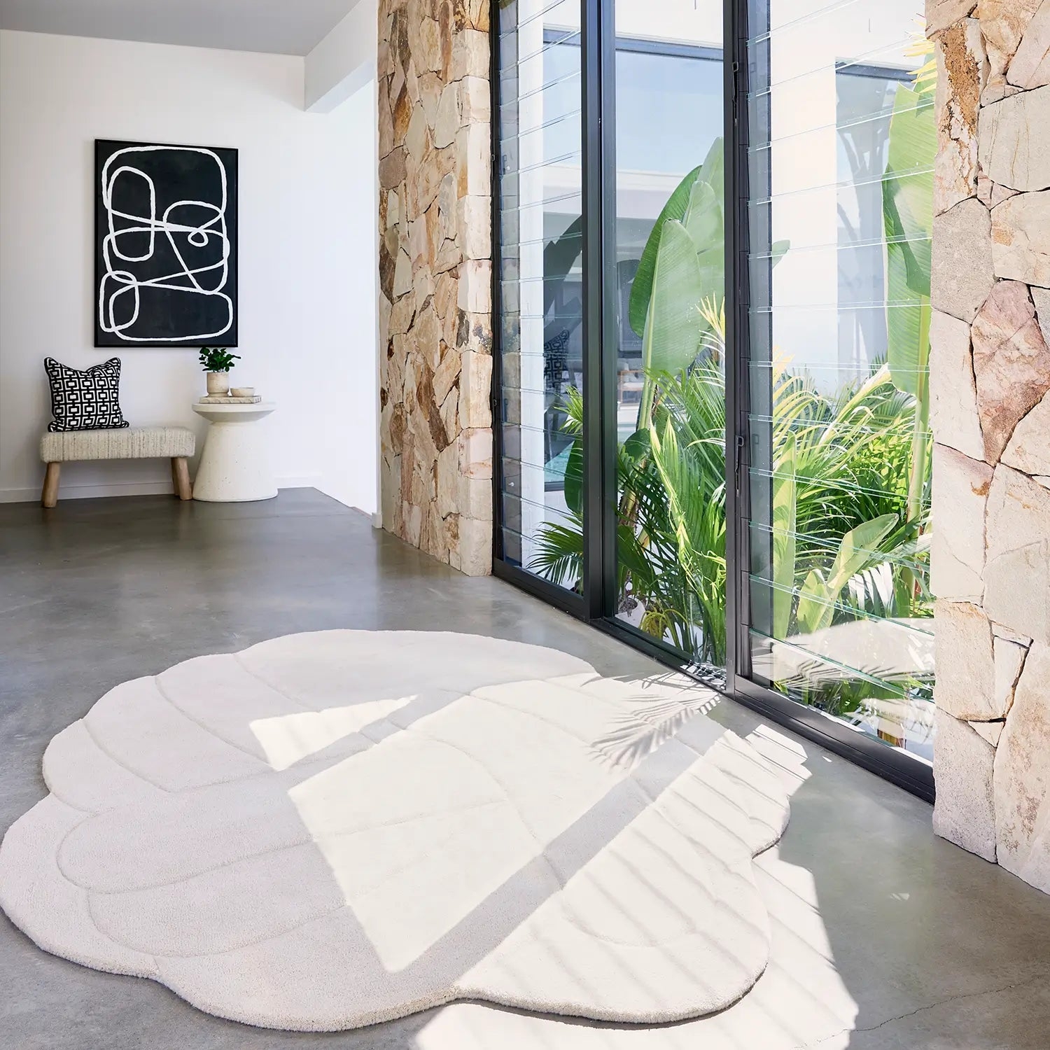 Handcrafted Textured Rug with Carved Scalloped Edge in Off-White Wool.