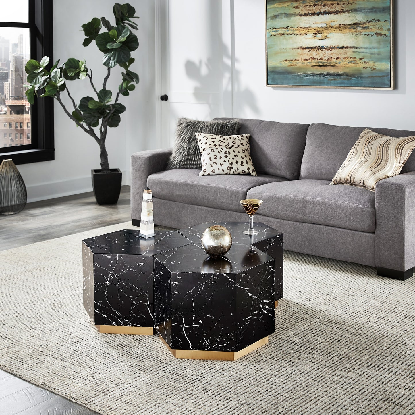 Hexagonal Coffee Table Modular Set with Brushed Gold