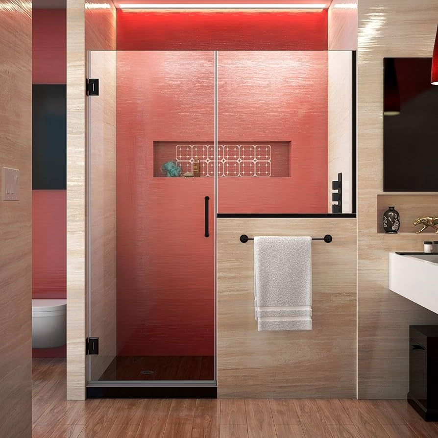 Hinged Shower Door with Satin Black Hardware and Half Panel