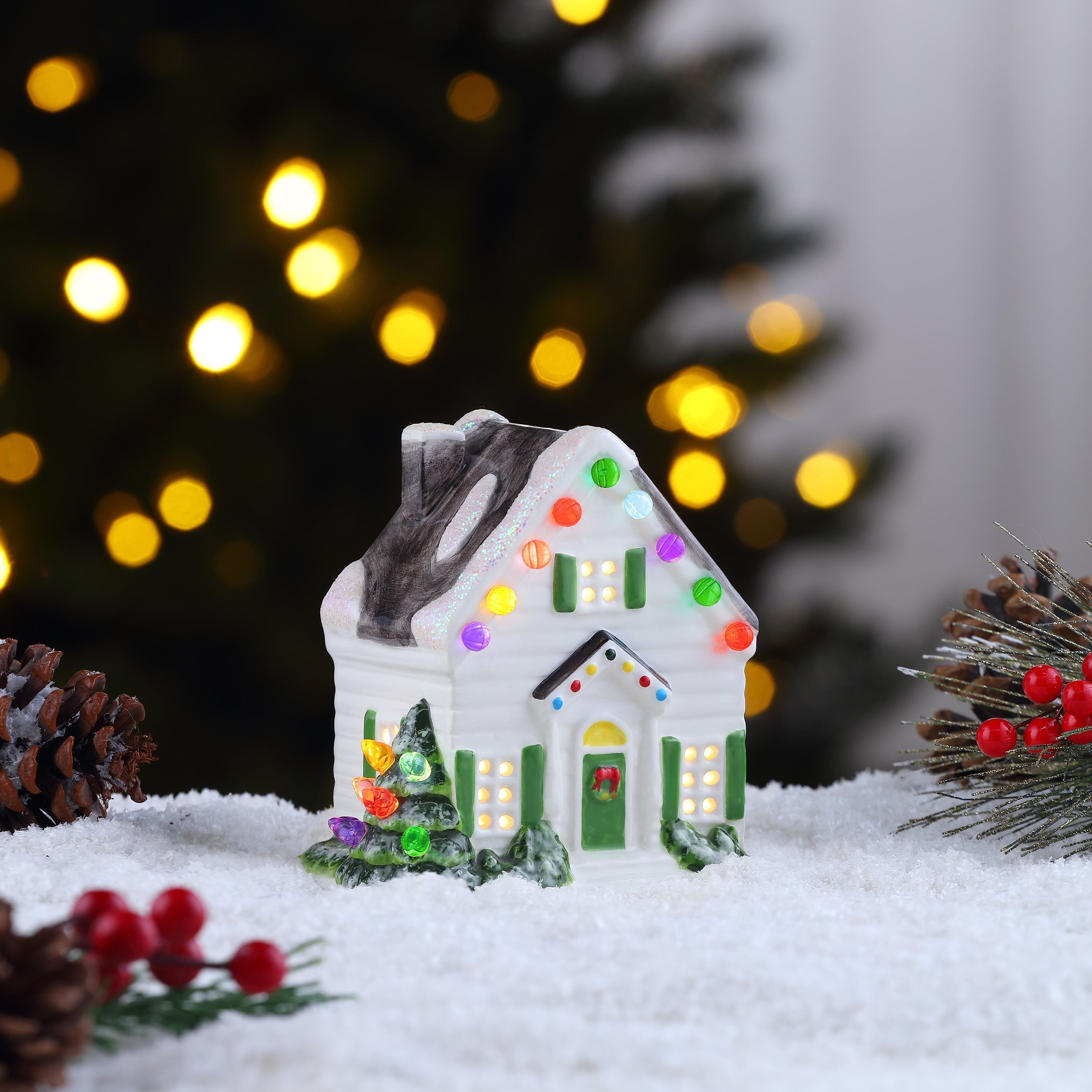 Holiday Miniature House: Multi Colored Bulbs and Internal LED Glow