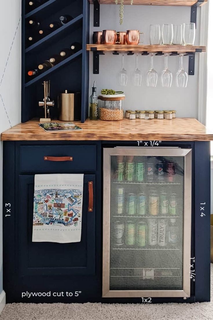 Home Bar Cabinet featuring Leather Like Pulls and Navy Finish