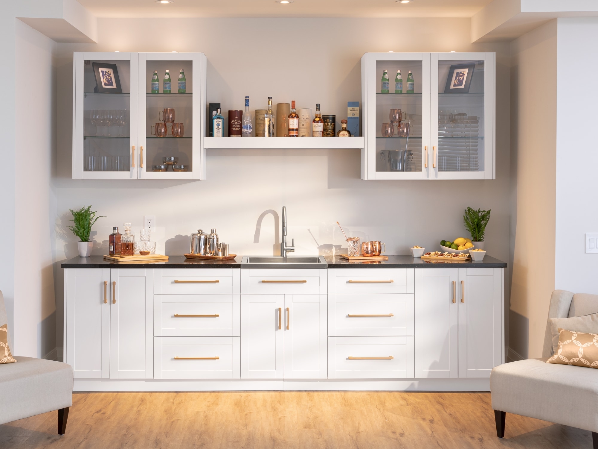 Home Bar Cabinet with Gold Hardware and Integrated Sink
