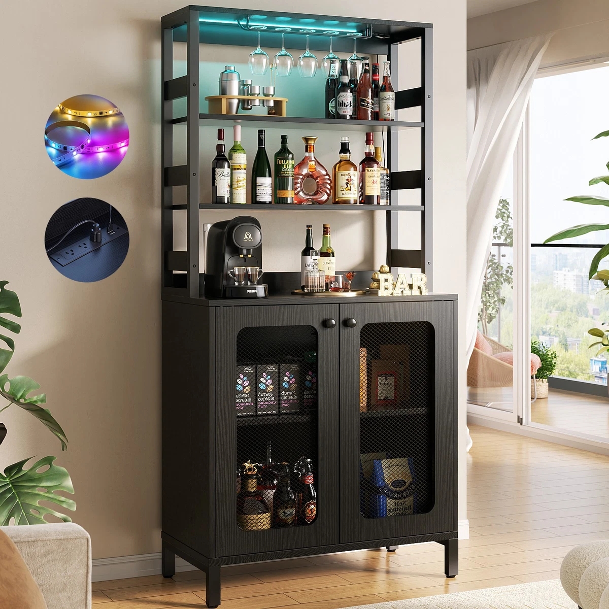 Home Bar Cabinet with Mesh Doors and Industrial LED Lighting