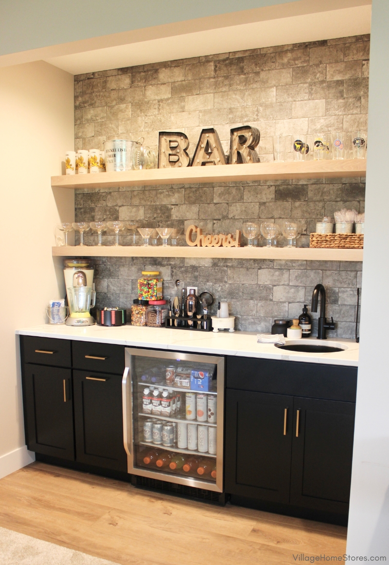 Home Bar with Floating Shelves and Stone Backsplash