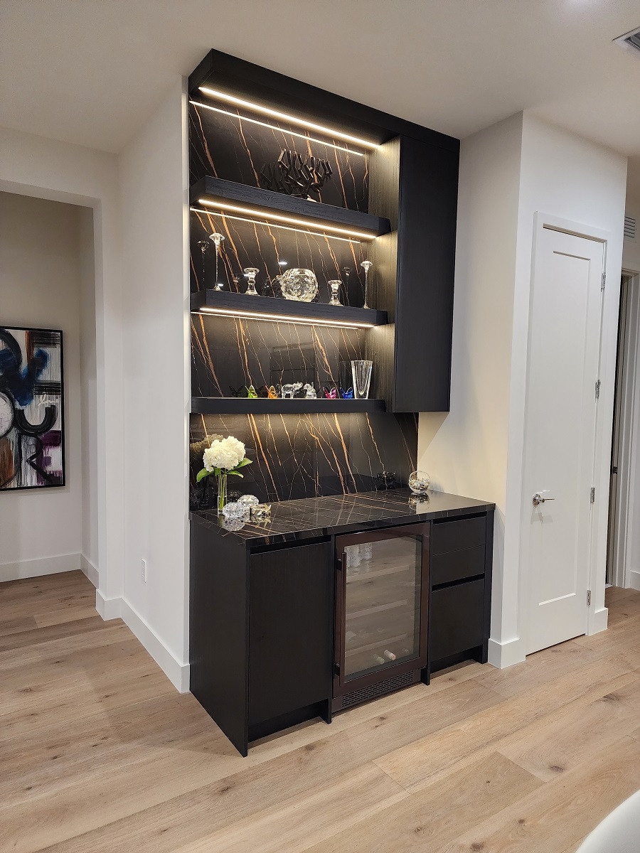 Home Bar with Gold Veined Backsplash and LED Lighting