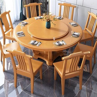 Honey Wood Dining Table Set for 8 Guests with Turntable Plate