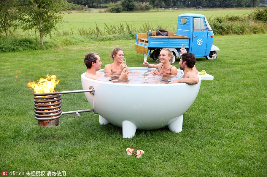 Hot Tub: Wood Fired Heater Bowl Shape for Garden Entertaining