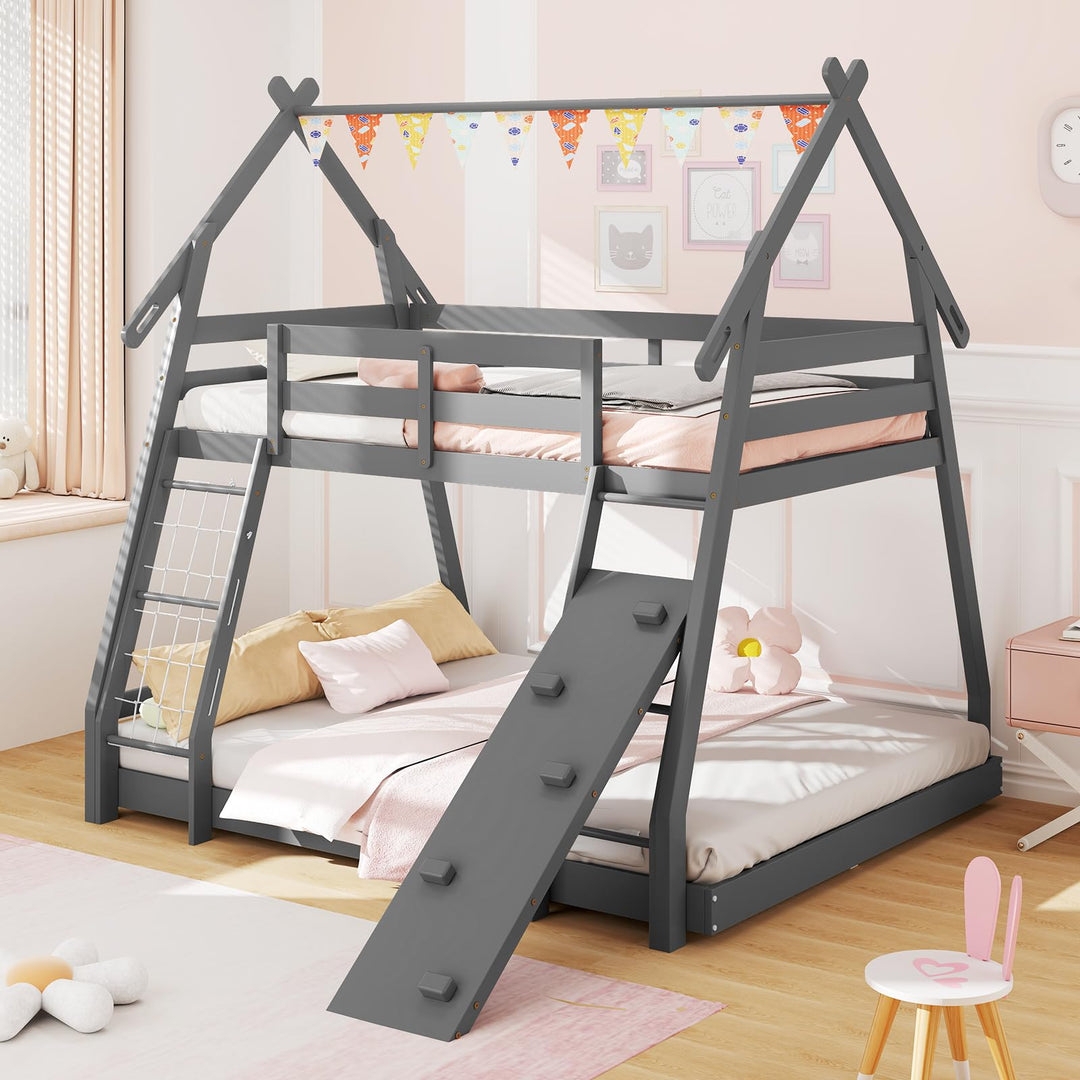 House Bunk Bed: Matte Grey Twin over Queen with Climbing Ramp