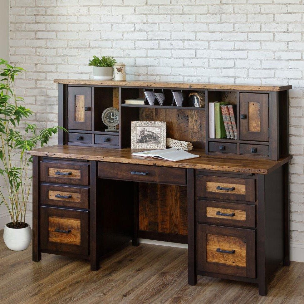 Hutch Desk with Barnwood Texture and Double Pedestal Base