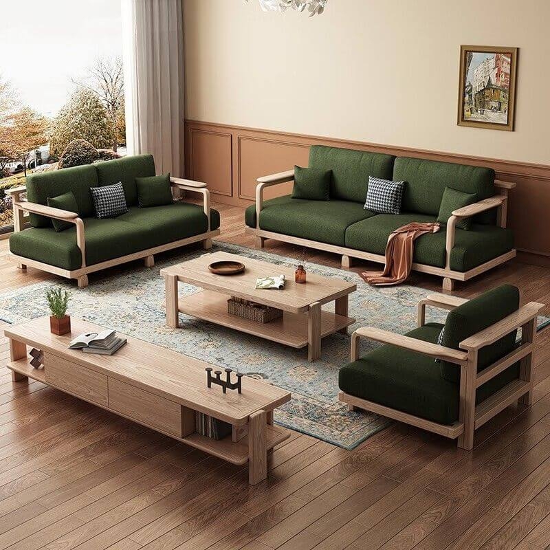 Japandi Style Sofa with Exposed Ash Wood Slatted Frame