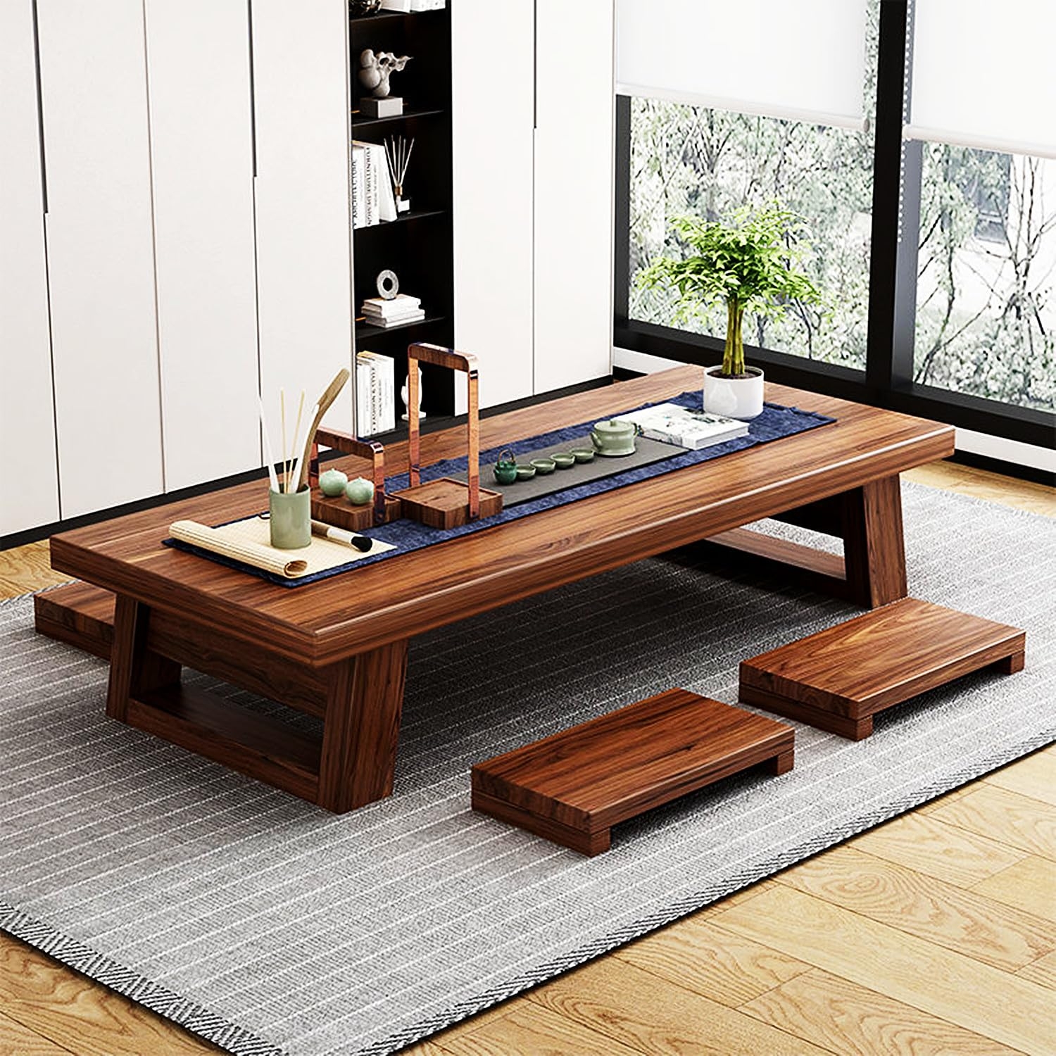 Japanese Floor Table and Walnut Tea Table Stools