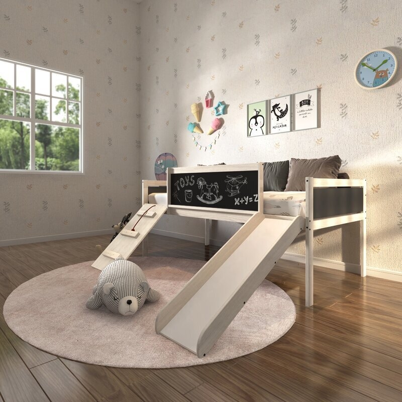 Kids Loft Bed with Slide Ramp and Chalkboard Loft Bed