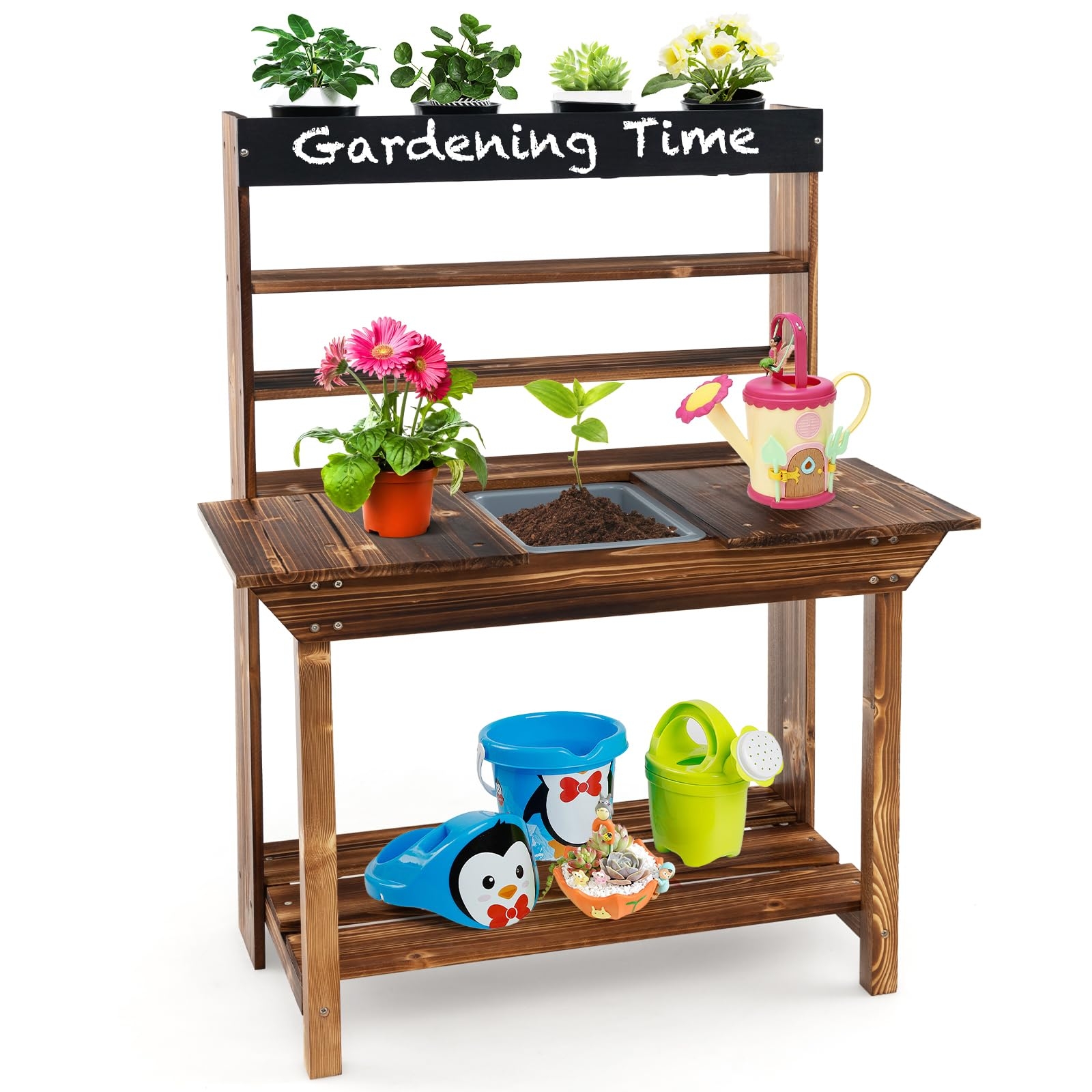 Kids Potting Bench in Dark Stain Finish and Dark Wood Mud Kitchen