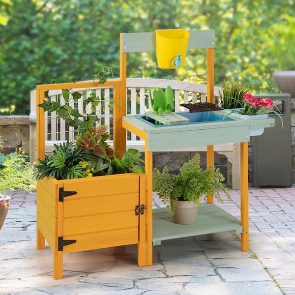 Kids Potting Bench in Two Tone Finish and Outdoor Planter with Trellis