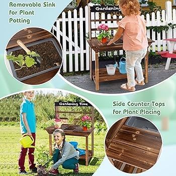 Kids Potting Bench with Dual Side Counters for Outdoor Mud Kitchen