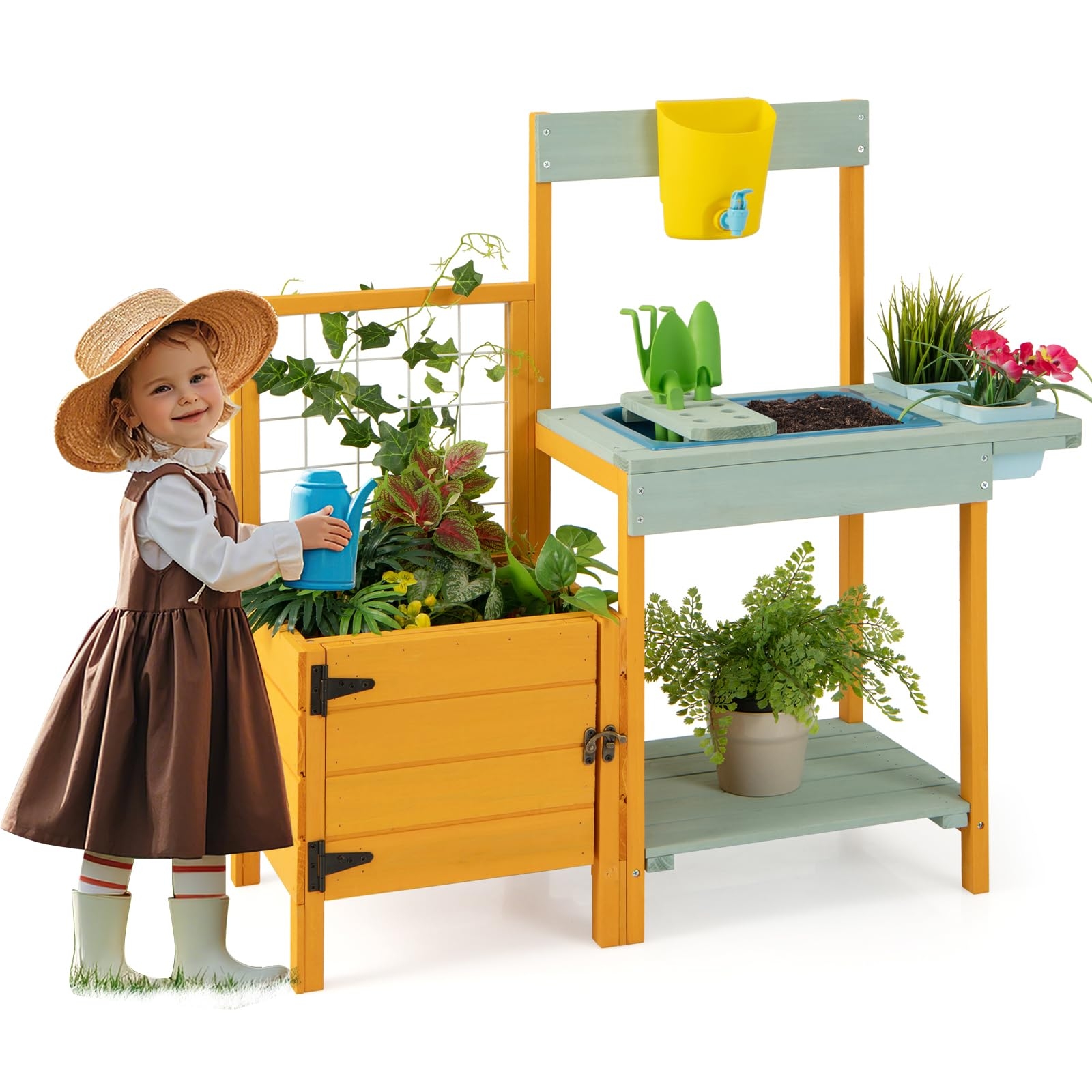 Kids Potting Bench with Integrated Trellis for Kids Outdoor Mud Kitchen