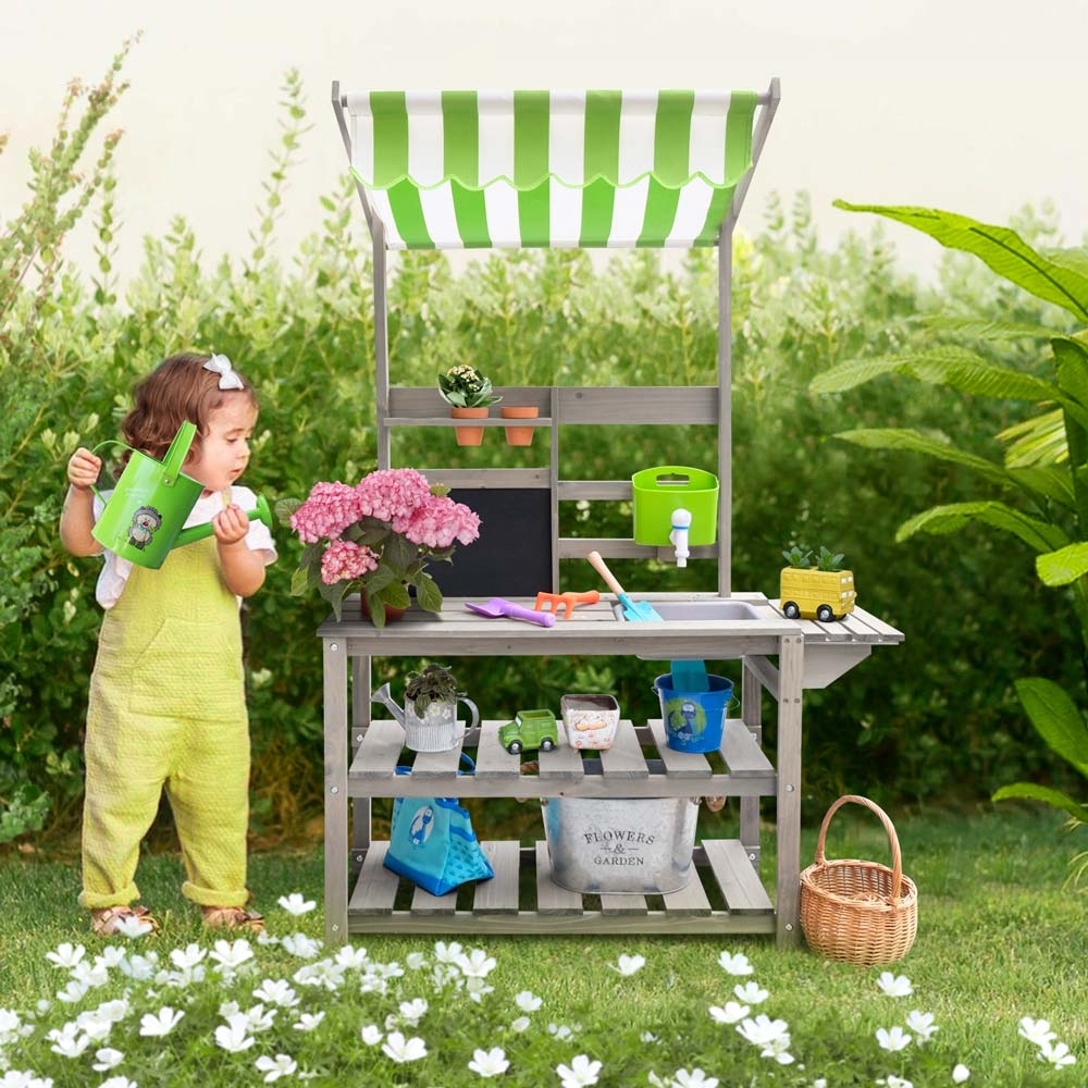 Kids Potting Bench with Striped Canopy and Gray Wood Play Potting Table