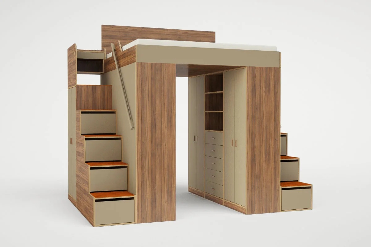 King Loft Bed: Walnut Brown System with Dual Staircase