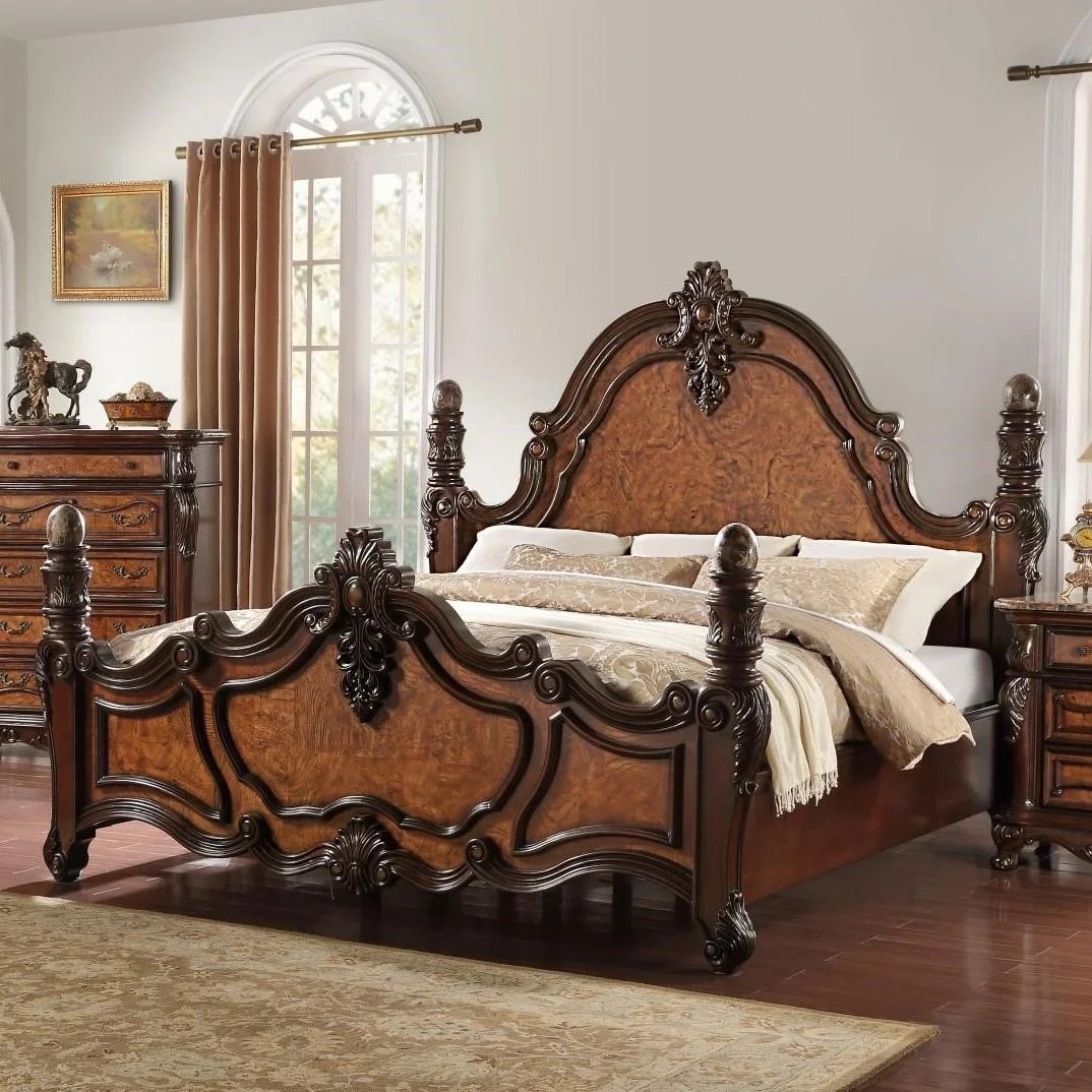 King Post Bed Ornate Scrollwork with Burl Wood Inlays
