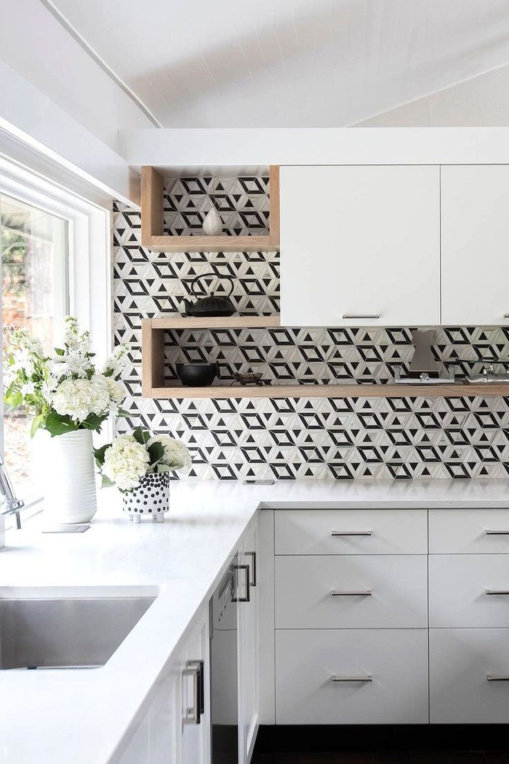 Kitchen Backsplash Geometric Tile with Integrated Wood Shelving