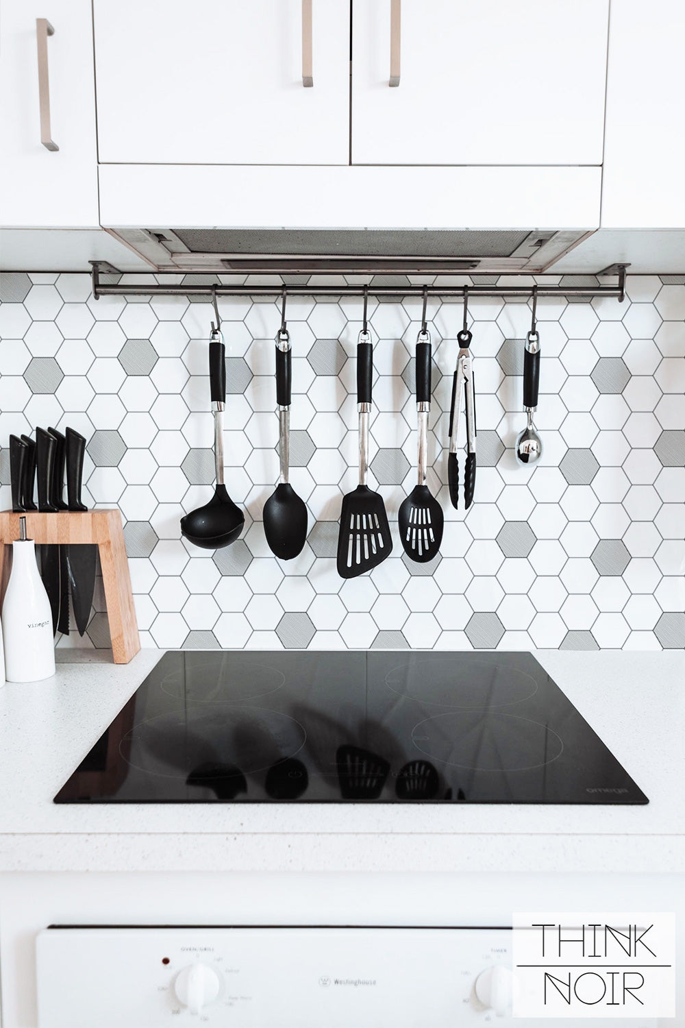 Kitchen Backsplash Hexagonal Honeycomb Print with Wood Accents