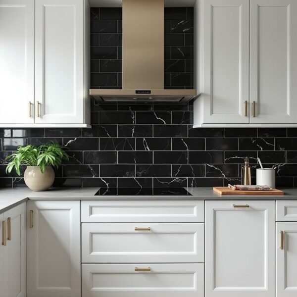 Kitchen Backsplash Marble Subway Tile with Bronze Metallic Hood
