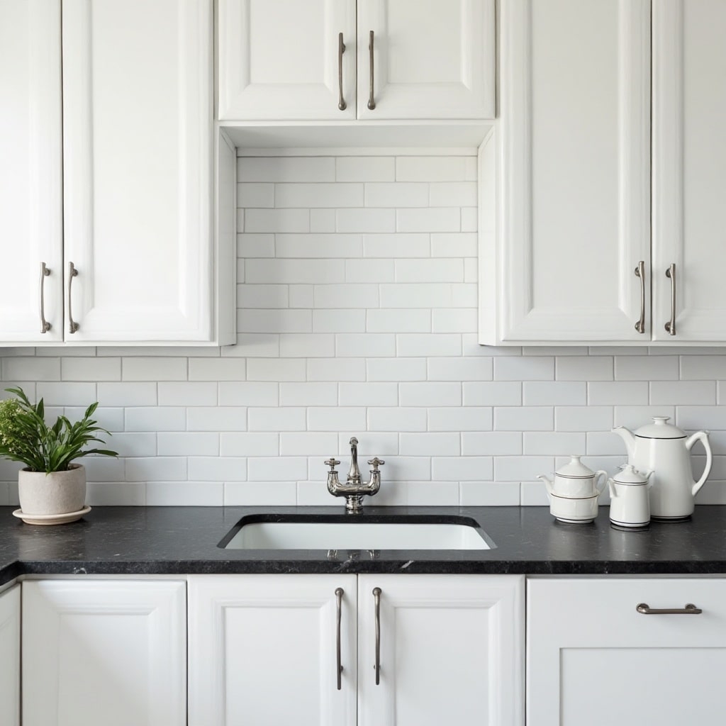 Kitchen Backsplash White Subway Tile with Classic Bridge Faucet