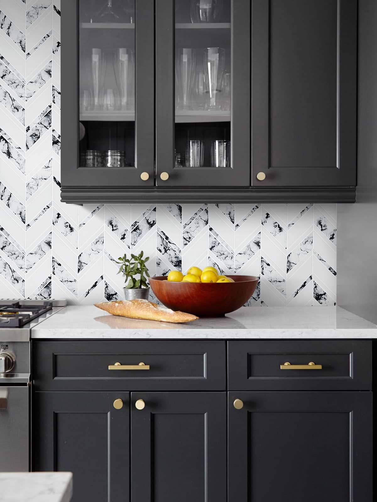 Kitchen Cabinets Matte Black Shaker with Chevron Marble Tile