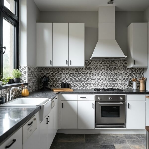 Kitchen Cabinets Slab Doors and Patterned Backsplash Tile