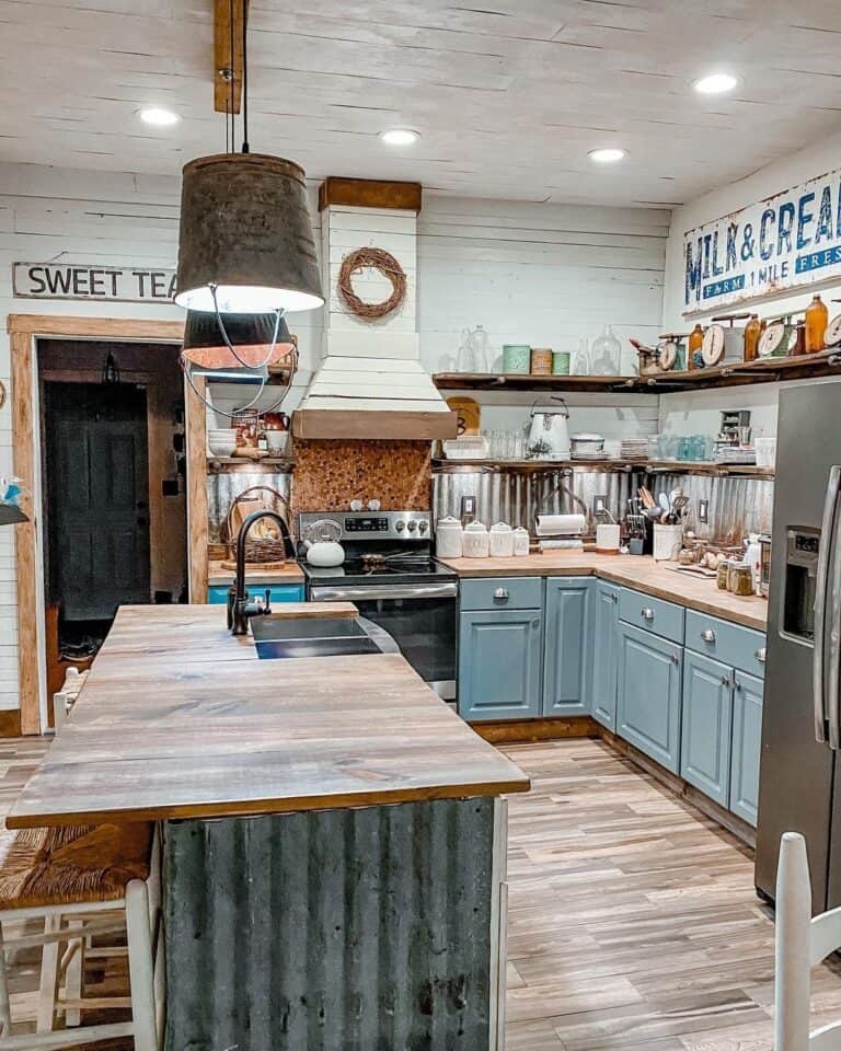 Kitchen Island Corrugated Metal Base and Bucket Pendant Light