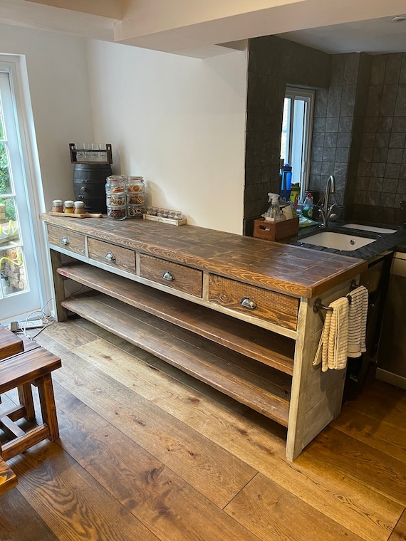 Kitchen Island Metal Cup Pulls and Four Drawer Wooden Island