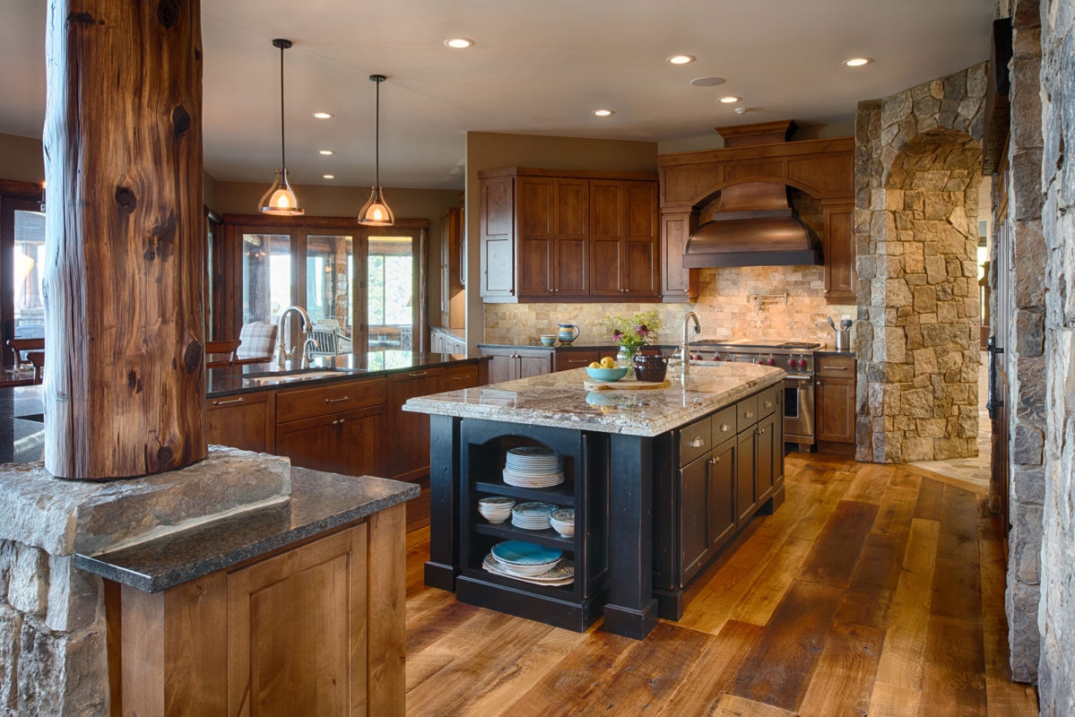 Kitchen Island Natural Log Pillar Mountain Lodge Kitchen Ideas
