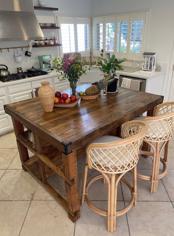 Kitchen Island Rattan Seating and Chunky Wood Island Table