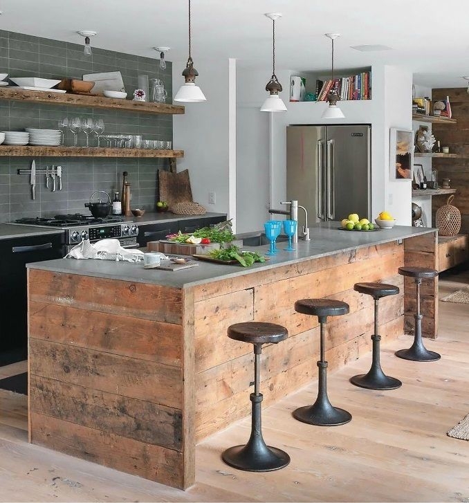 Kitchen Island Reclaimed Wood Planks with Pedestal Stools