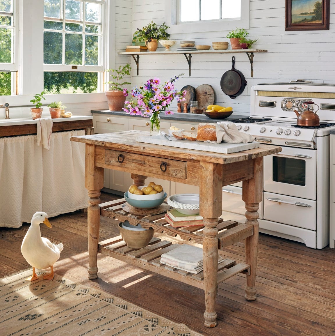 Kitchen Island Slatted Shelves Weathered Wood Prep Table