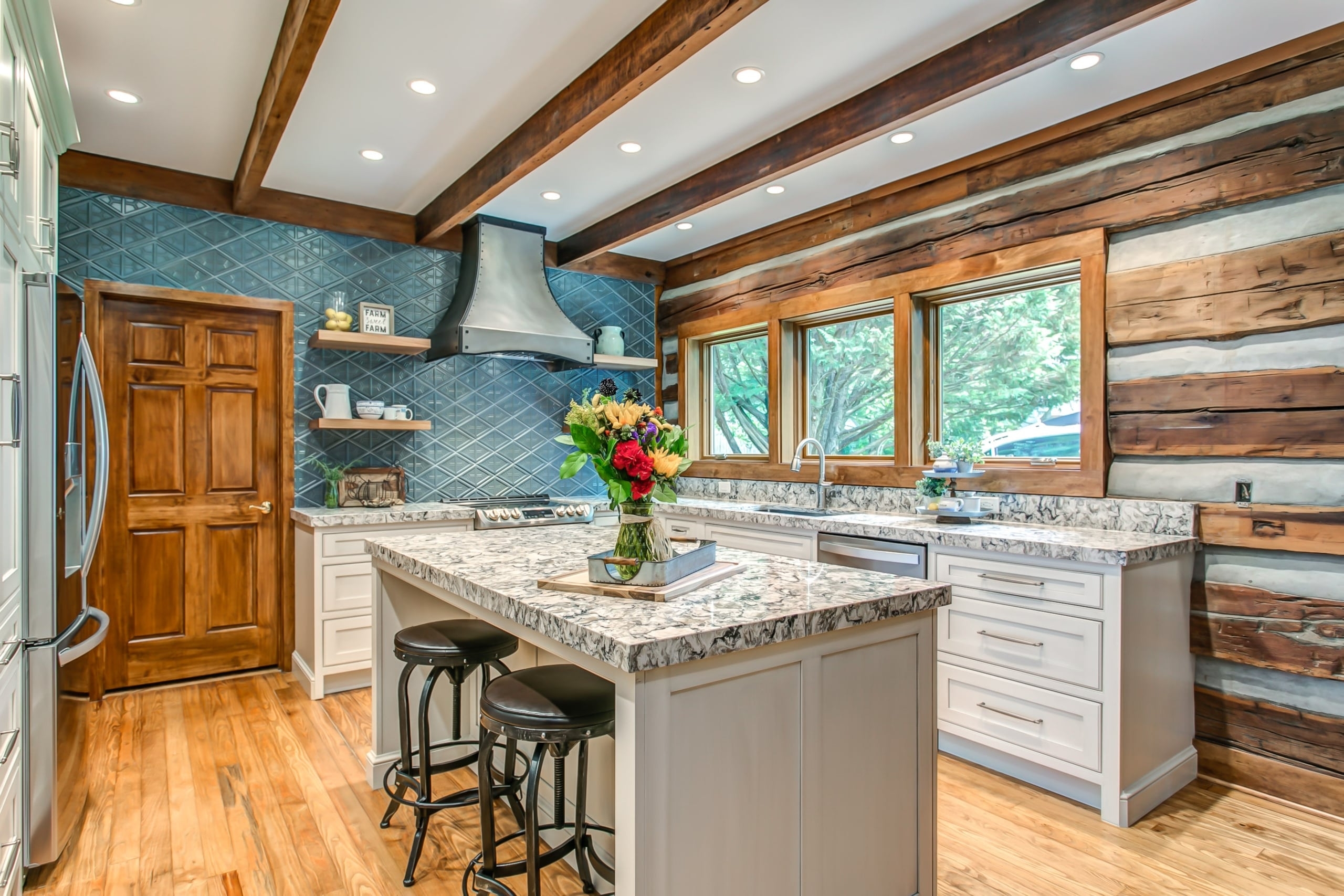 Kitchen Island Textured Teal Tile Cabin Kitchen Inspiration