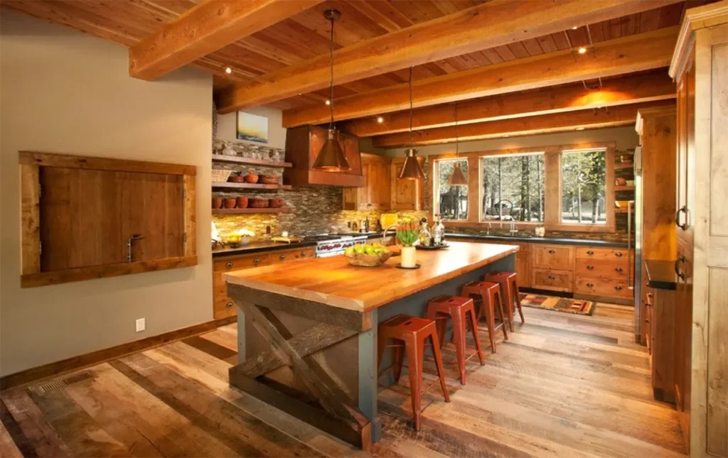 Kitchen Island Timber Ceiling Beams and Rustic Island with X-Brace