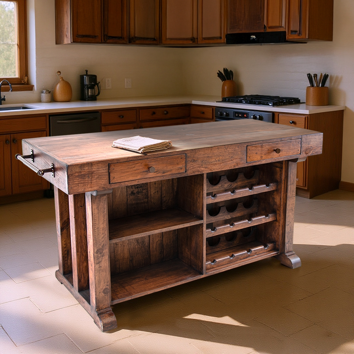 Kitchen Island with Wine Rack and Distressed Finish Wood Prep Table