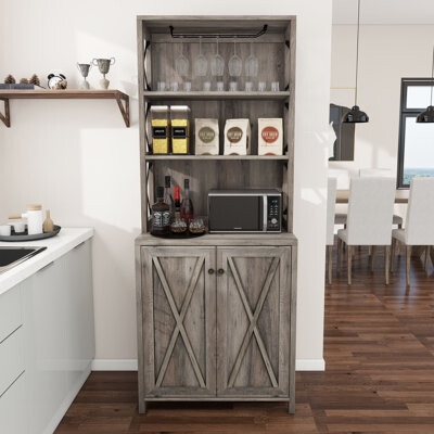 Kitchen Pantry Wine Glass Rack Grey-Washed Wood Hutch