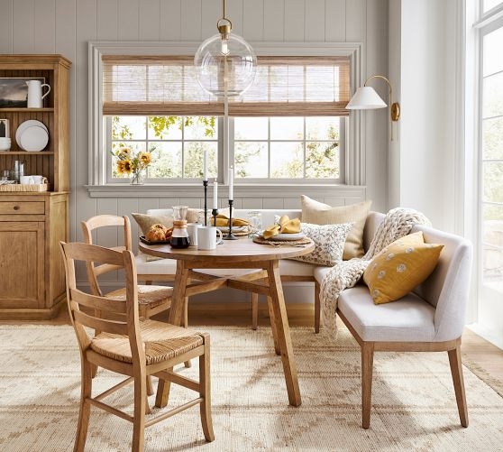 L Shaped Banquette Upholstered Back Round Pedestal Table Set