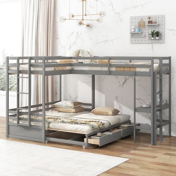 L Shaped Bunk Bed Gray Corner Design Study Desk Drawers
