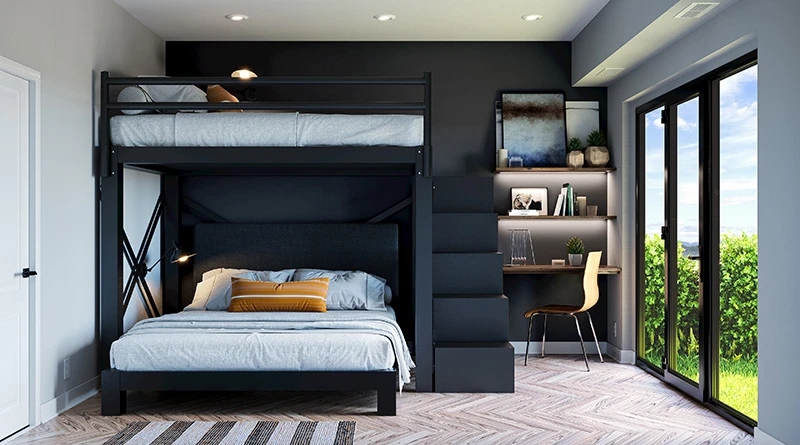 L-Shaped Bunk Bed with Desk, Integrated Stairs, Matte Black Metal